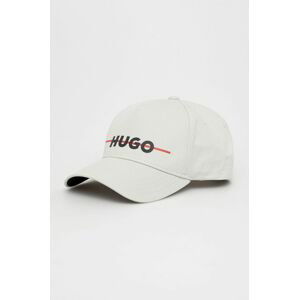 Bavlnená čiapka HUGO šedá farba, s potlačou