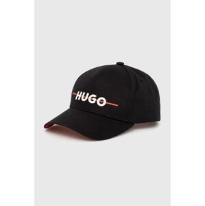 Bavlnená čiapka HUGO čierna farba, s potlačou