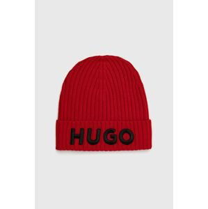 Vlnená čiapka HUGO červená farba, vlnená