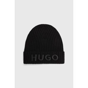 Vlnená čiapka HUGO čierna farba, vlnená