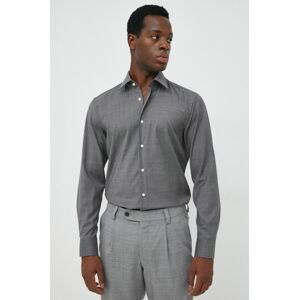 Vlnená košeľa BOSS pánska, šedá farba, slim, s klasickým golierom