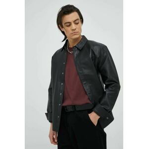 Kožená košeľa Bruuns Bazaar pánska, čierna farba, regular, s klasickým golierom