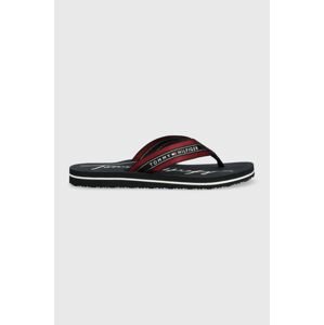 Žabky Tommy Hilfiger Gold Signature Beach Sandal Wmn dámske, tmavomodrá farba, na plochom podpätku