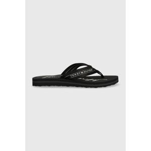 Žabky Tommy Hilfiger Gold Signature Beach Sandal Wmn dámske, čierna farba, na plochom podpätku