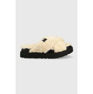 Papuče UGG W Fuzz Sugar Cross Slide , béžová farba