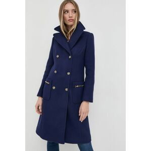 Vlnený kabát Elisabetta Franchi tmavomodrá farba, prechodný, dvojradový