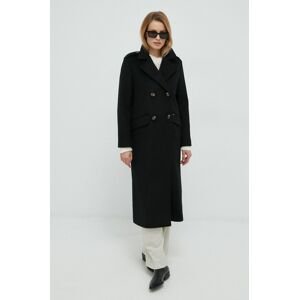 Vlnený kabát Pepe Jeans čierna farba, prechodný, dvojradový