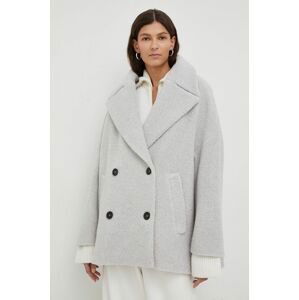 Vlnený kabát Drykorn šedá farba, prechodná, oversize