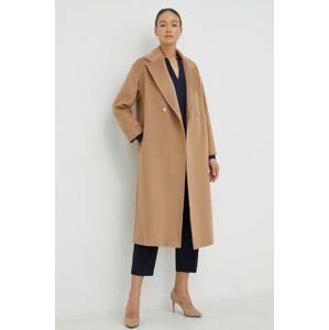 Vlnený kabát Pennyblack hnedá farba, prechodný, dvojradový