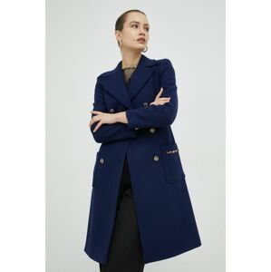 Vlnený kabát Elisabetta Franchi tmavomodrá farba, prechodný, dvojradový