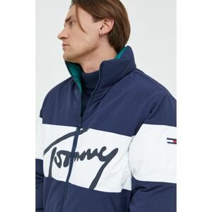 Obojstranná bunda Tommy Jeans pánska, tmavomodrá farba, zimná,