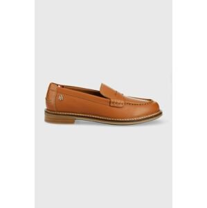 Kožené mokasíny Tommy Hilfiger Th Preppy Flat Loafer dámske, hnedá farba, na plochom podpätku