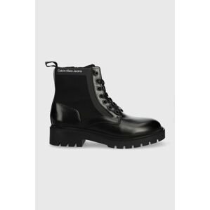 Workery Calvin Klein Jeans Military Boot dámske, čierna farba, na plochom podpätku,