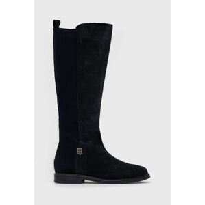 Vysoké čižmy Tommy Hilfiger Th Essentials Longboot dámske, tmavomodrá farba, na plochom podpätku,