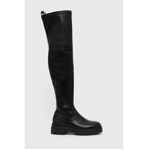 Kožené čižmy Tommy Hilfiger Monochromatic Over The Knee Boot dámske, čierna farba, na platforme,