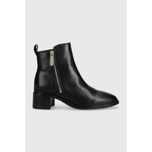 Kožené členkové topánky Tommy Hilfiger Zip Leather Mid Heel Boot dámske, čierna farba, na podpätku,