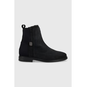 Semišové topánky chelsea Tommy Hilfiger Th Essentials Flat Boot dámske, tmavomodrá farba, na plochom podpätku,