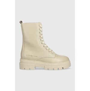 Kožené workery Tommy Hilfiger Monochromatic Lace Up Boot dámske, béžová farba, na plochom podpätku