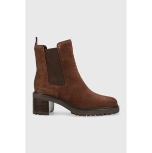 Semišové topánky chelsea Tommy Hilfiger Outdoor Chelsea Mid Heel Boot dámske, hnedá farba, na podpätku,