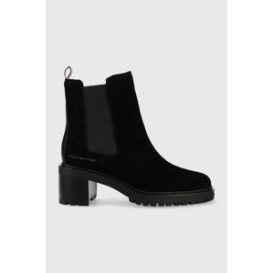 Semišové topánky chelsea Tommy Hilfiger Outdoor Chelsea Mid Heel Boot dámske, čierna farba, na podpätku,