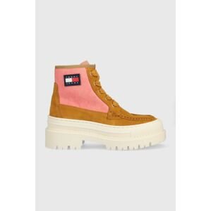 Členkové topánky Tommy Jeans Womens Foxing Lace Up Boot dámske, hnedá farba, na platforme,