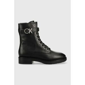 Kožené členkové topánky Calvin Klein Rubber Sole Combat Boot dámske, čierna farba, na plochom podpätku,