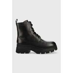 Kožené workery Calvin Klein Jeans Chunky Combat Laceup Boot dámske, čierna farba, na plochom podpätku,