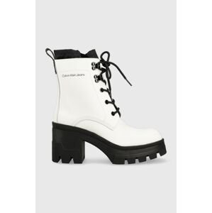 Kožené členkové topánky Calvin Klein Jeans Chunky Heeled Boot Laceup dámske, biela farba, na podpätku,