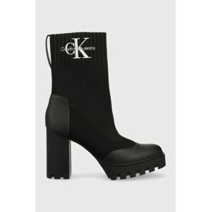 Členkové topánky Calvin Klein Jeans Platform Boot Sock dámske, čierna farba, na podpätku,