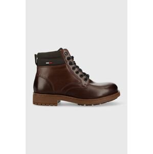 Kožené členkové topánky Tommy Jeans Classic Short Lace Up Boot pánske, hnedá farba