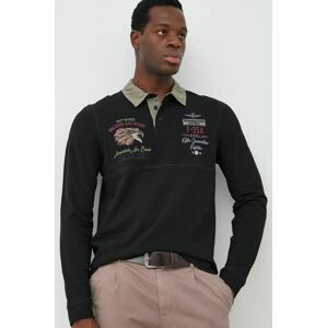 Bavlnené tričko s dlhým rukávom Aeronautica Militare čierna farba, s nášivkou