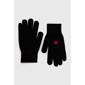 Vlnené rukavice HUGO pánske, čierna farba