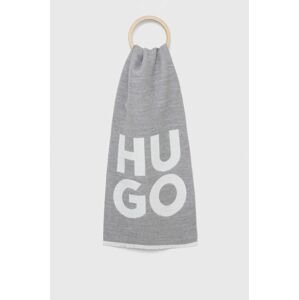 Vlnený šál HUGO šedá farba, s potlačou