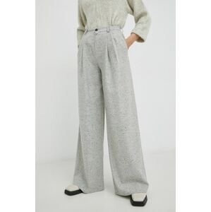 Nohavice s prímesou vlny Drykorn Elate dámske, šedá farba, široké, vysoký pás