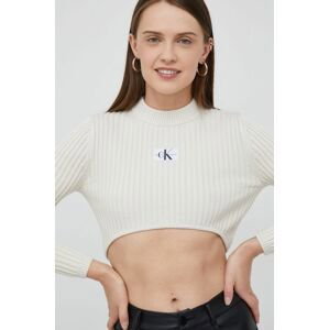 Bavlnený sveter Calvin Klein Jeans dámsky, béžová farba, tenký, s polorolákom