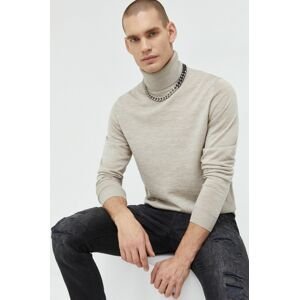 Vlnený sveter Premium by Jack&Jones pánsky, béžová farba, tenký, s rolákom