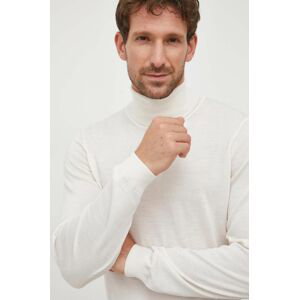 Vlnený sveter BOSS pánsky, šedá farba, tenký, s rolákom
