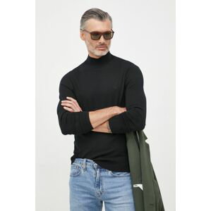 Vlnený sveter Calvin Klein pánsky, čierna farba, tenký, s polorolákom