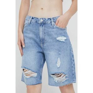 Rifľové krátke nohavice Calvin Klein Jeans dámske, s nášivkou, vysoký pás