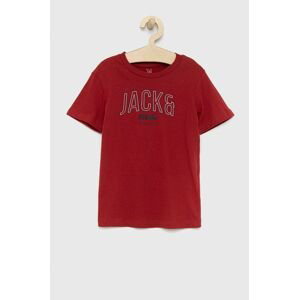 Detské bavlnené tričko Jack & Jones bordová farba, s potlačou