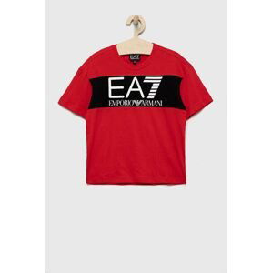 Detské bavlnené tričko EA7 Emporio Armani červená farba, s potlačou