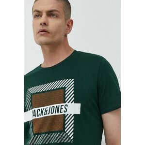 Bavlnené tričko Jack & Jones zelená farba, s potlačou