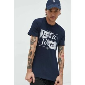 Bavlnené tričko Jack & Jones tmavomodrá farba, s potlačou