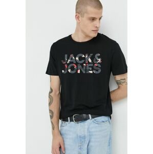 Bavlnené tričko Jack & Jones čierna farba, s potlačou