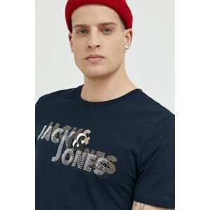 Bavlnené tričko Jack & Jones tmavomodrá farba, s potlačou