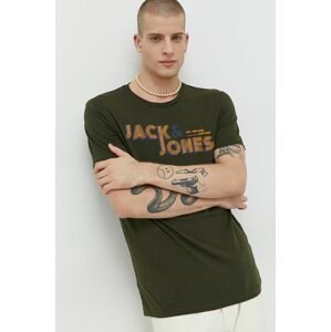 Bavlnené tričko Jack & Jones zelená farba, s potlačou