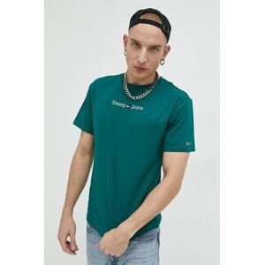 Bavlnené tričko Tommy Jeans zelená farba, s nášivkou