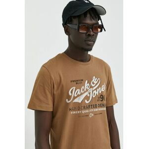 Bavlnené tričko Jack & Jones béžová farba, s potlačou