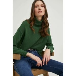 Vlnený sveter Answear Lab dámsky, zelená farba, tenký, s rolákom