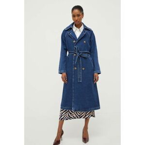 Rifľový kabát Answear Lab dámsky, tmavomodrá farba, prechodný, dvojradový